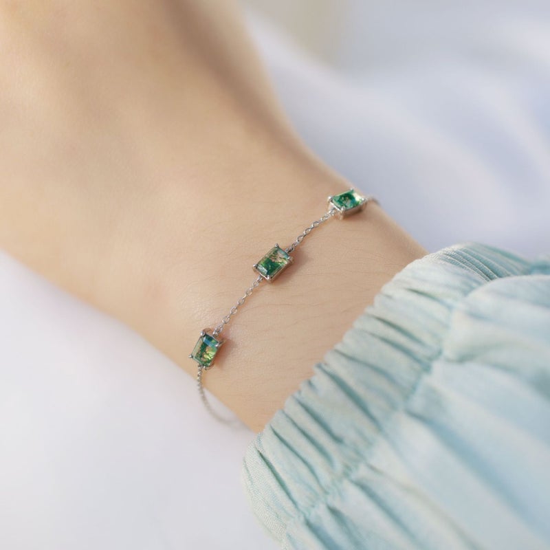 New Natural Aqua Grass Agate Bracelet S925 Silver Set Green Moss Stone Bracelet Simple Light Luxury Niche All-Match - Image 3
